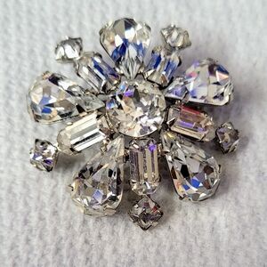 Elegant Signed Sherman  Silver Toned Clear Crystal Floral Brooch
